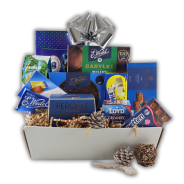 Kosz Prezentowy Szafirowy Rarytas – Wino, Czekolada i Kawa