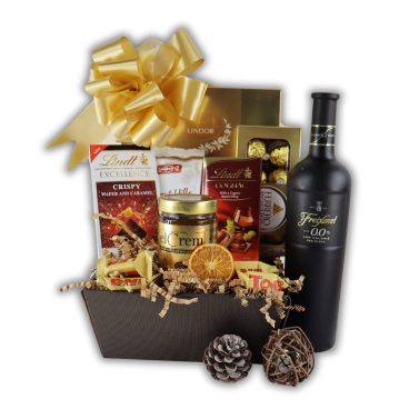 Kosz Świąteczny Czekoladowy Błysk – Słodycze i Wino Bezalkoholowe