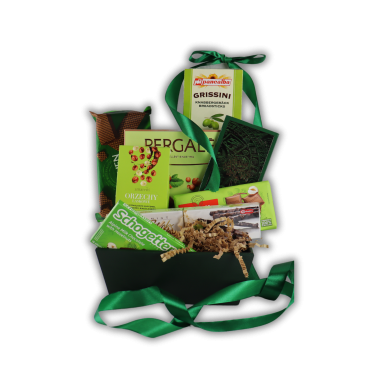 Kosz Prezentowy Zielony Sen – Zestaw Słodyczy i Orzechów