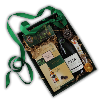 Kosz Prezentowy Zielone Bąbelki – Wino Bezalkoholowe i Słodycze