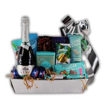 Kosz Prezentowy Turkusowe Niebo – Praliny, Wino i Słodycze