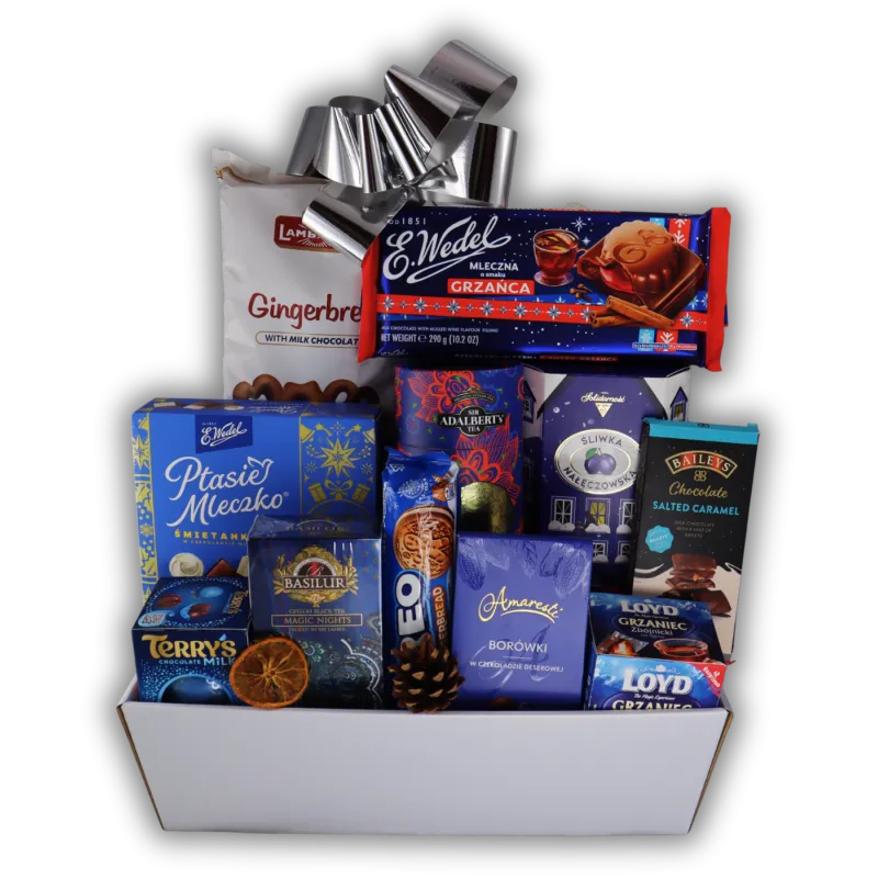 Kosz Prezentowy Granatowy Blask — czekolady, pierniki, herbaty i słodycze premium. Idealny prezent na Boże Narodzenie z dostawą online.